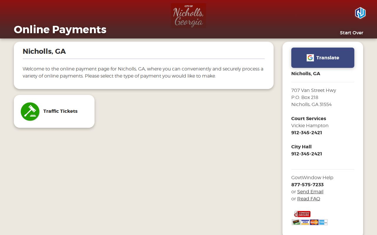 Nicholls criminal history traffic ticket payment interface